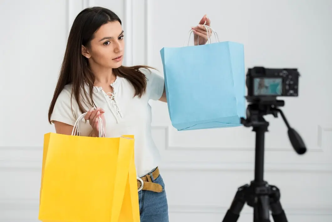 A woman holds a yellow and blue shopping bag, while a camera on a tripod captures her in a well-lit, minimalistic setting.