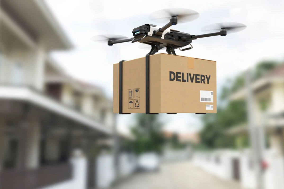 drone delivers a large cardboard box labeled