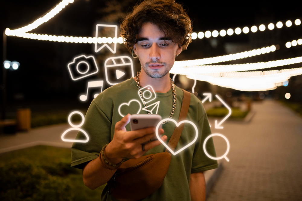 A person stands outdoors at night, holding a phone with various social media icons glowing around them, illuminated by string lights.