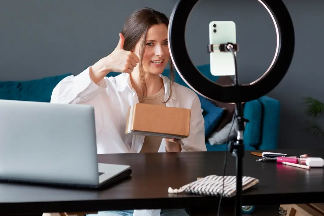 A person in a white shirt gives a thumbs up while holding a small cardboard box, sitting at a desk with a laptop and a ring light.