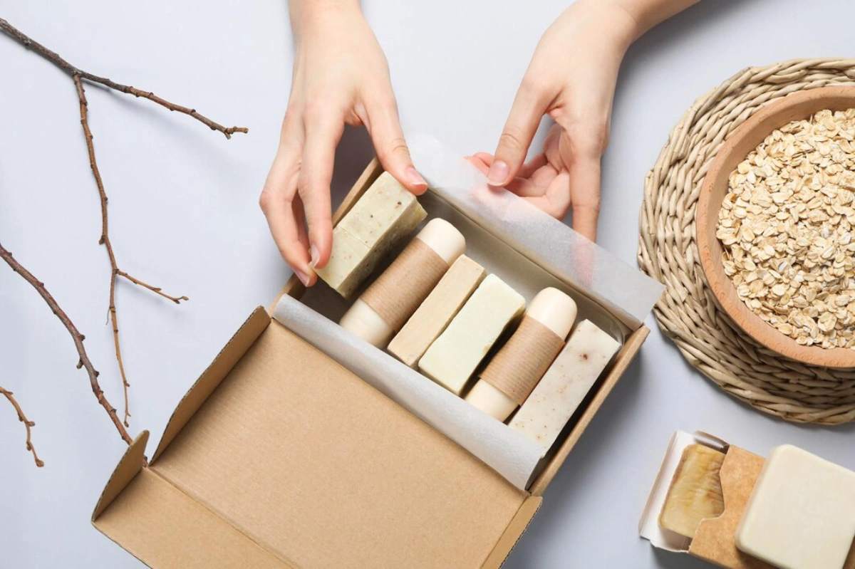 hands unpacks natural handmade soaps from a brown