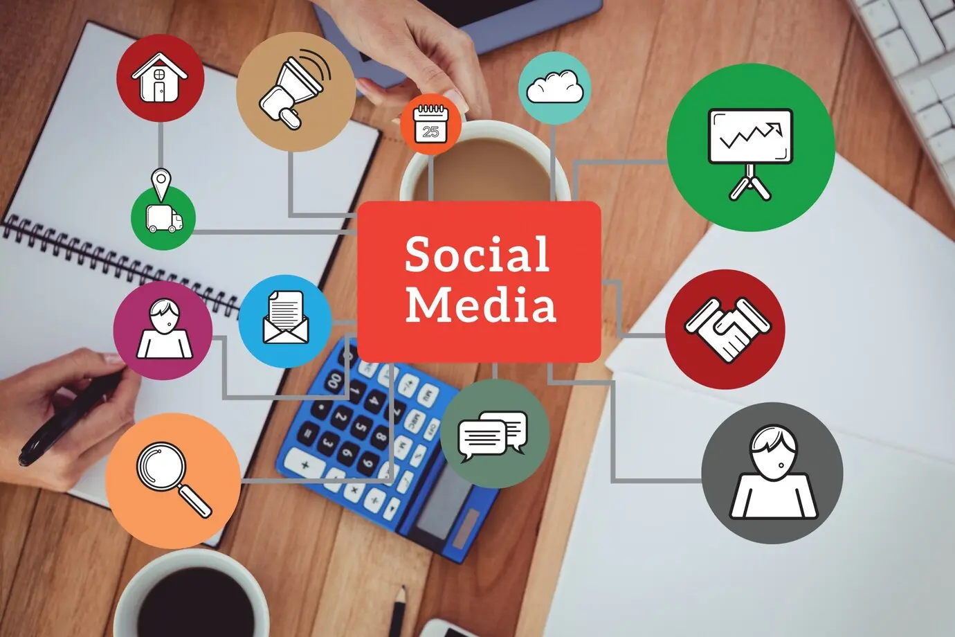 A desk scene with a coffee cup, calculator, and notebook, surrounded by colorful icons linking various social media elements.