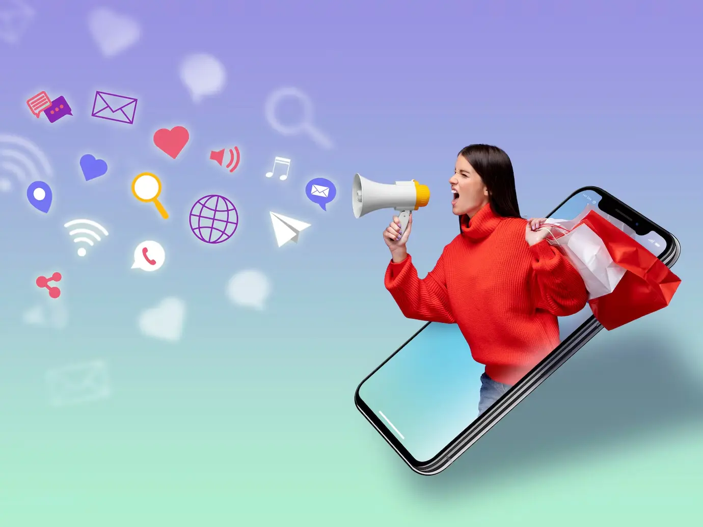 A person in a red sweater holds a megaphone and shopping bags, emerging from a smartphone surrounded by social media icons.